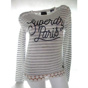   SUPERDRY HOSSZÚ UJJÚ NŐI (S) FEHÉR-SZÜRKE CSÍKOS CSILLOGÓS FELIRATÚ FELSŐ