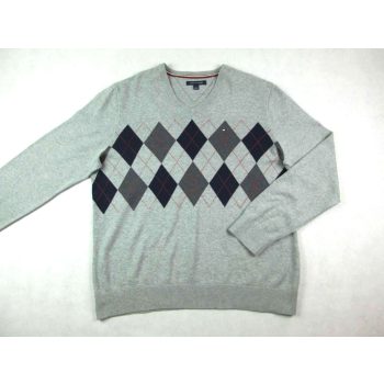   TOMMY HILFIGER FÉRFI (L) ELEGÁNS HOSSZÚ UJJÚ SZÜRKE KÁRÓ MINTÁS PULÓVER