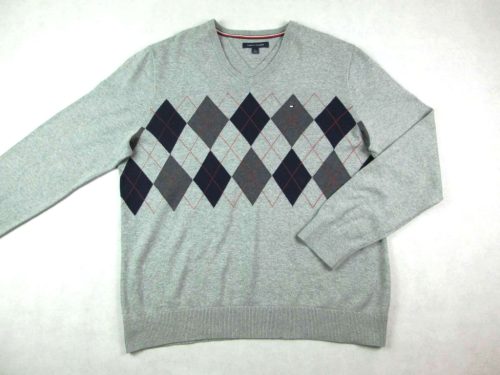TOMMY HILFIGER FÉRFI (L) ELEGÁNS HOSSZÚ UJJÚ SZÜRKE KÁRÓ MINTÁS PULÓVER