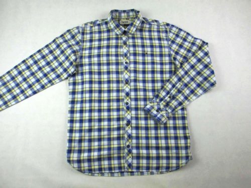 TOMMY HILFIGER FÉRFI (L / XL) ELEGÁNS SÖTÉTKÉK-KÉK-VAJ SZÍNŰ KOCKÁS HOSSZÚ UJJÚ ING